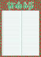 Cute A4 template for To Do List with lettering and Christmas trees background. A4 printable organizer with lined page and check boxes. Trendy self-organization concept for 2020 year.