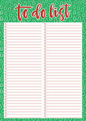 Cute A4 template for To Do List with lettering and Christmas trees background. A4 printable organizer with lined page and check boxes. Trendy self-organization concept for 2020 year.