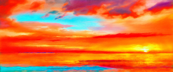 Naklejka na ściany i meble Abstract Scarlet Sunset Painting Seascape Canvas Art