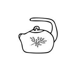 Doodle style teapot icon element. Scandinavian cozy simple hygge liner style. hand drawn pot, kettle, teakettle, tea, coffee, warm drinks.