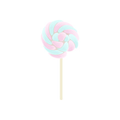 Rainbow swirl lollipop, vector icon. Sweet candy isolated blue and rose icing and sprinkles, stripes