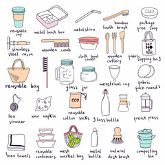 Hand drawn elements of zero waste life in vector. Eco style. No plastic. Go green
