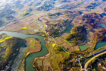 Aerial view of agricultural fields and river in china