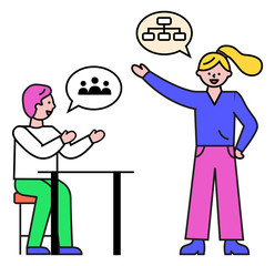 Man sitting at table, woman standing near worker. Business meeting of two managers at work. Conversation or discussion of adults, teamwork. Minimalist vector picture, communication of group of people