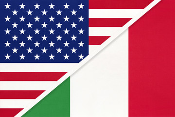 USA vs Italy national flag from textile. Relationship between american and european countries.