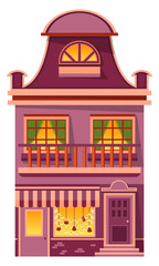 Christmas preparation of buildings exterior vector. Facade of house with balcony and windows, entrance and garlands decoration. Vintage style of construction, city or town infrastructure illustration