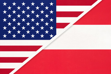 USA vs Austria national flag from textile. Relationship between american and european countries.