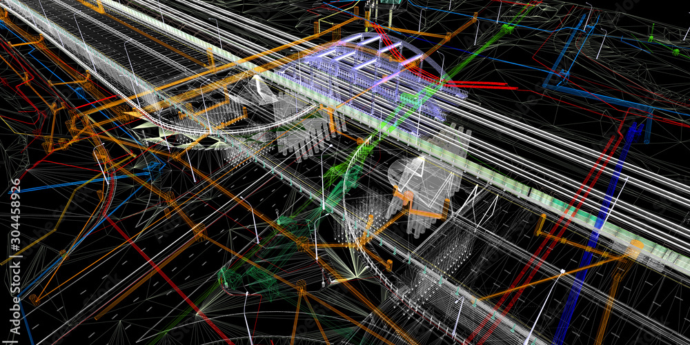 Wall mural the bim model of the object of transport infrastructure of wireframe view