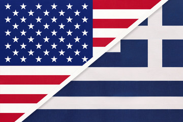 USA vs Greece national flag from textile. Relationship between american and european countries.