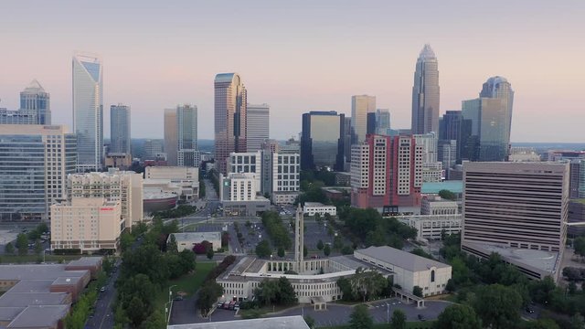Aerial: downtown Charlotte at sunset, North Carolina, USA