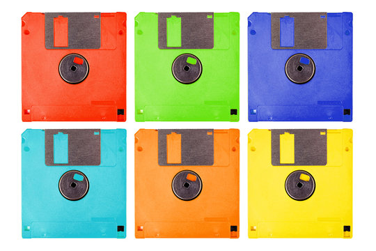 Set of six colorful pop-art diskettes, lots of floppy drives isolated on white. Abstract seamless pattern background. Modern popart bright old vintage pastel multicolored technology graphic resources