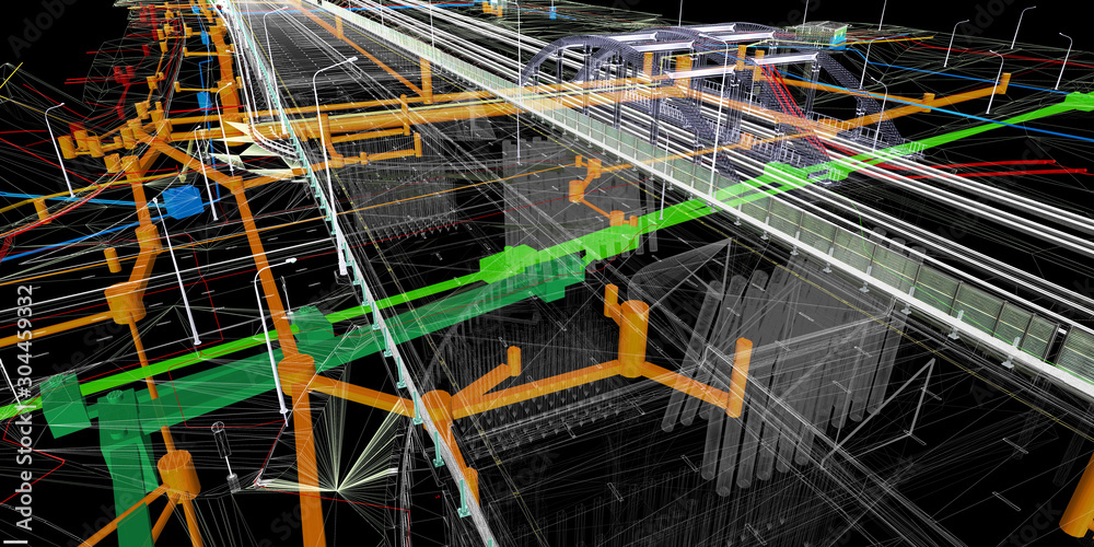 Wall mural the bim model of the object of transport infrastructure of wireframe view