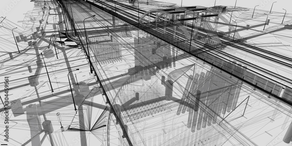 Wall mural the bim model of the object of transport infrastructure of wireframe view