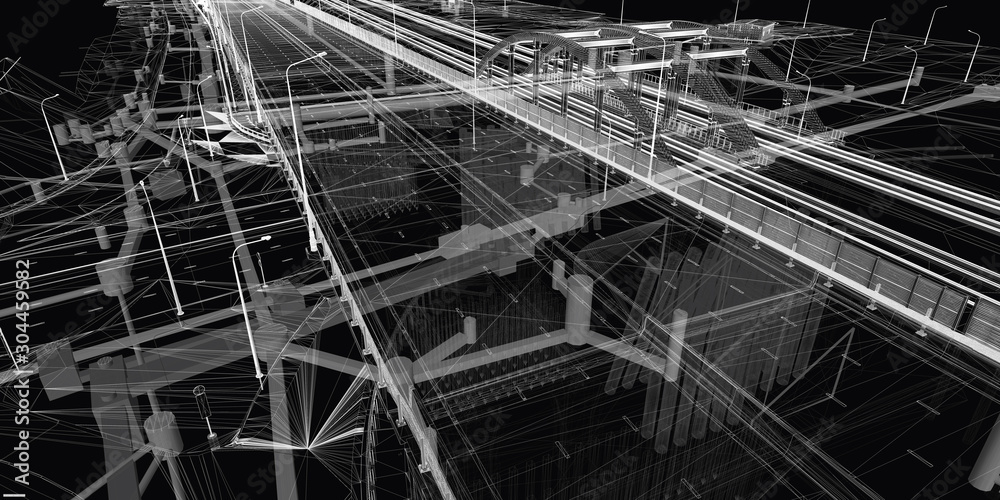 Wall mural the bim model of the object of transport infrastructure of wireframe view