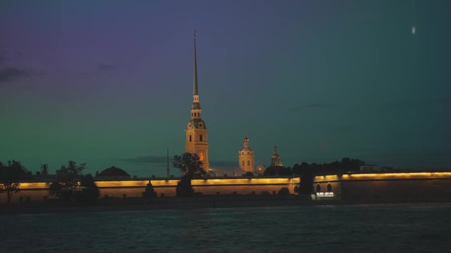 Saint Petersburg. Holiday Scarlet Sails. Russia. Sailboat sailing on the Neva River. Rasvet the sun on the background of the Peter and Paul Fortress. Holidays in the Russian Federation