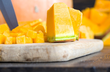 sliced and gutted orange pumpkin