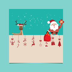 Christmas background, Santa Claus and reindeer with sign board and christmas ornament with free text space. Vector illustration.