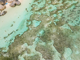 Fototapeta na wymiar anse source d'argent beach by drone in seychelles