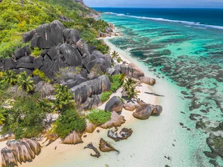 Fotobehang Anse Source D'Agent, La Digue eiland, Seychellen anse source d'argent beach by drone in seychelles