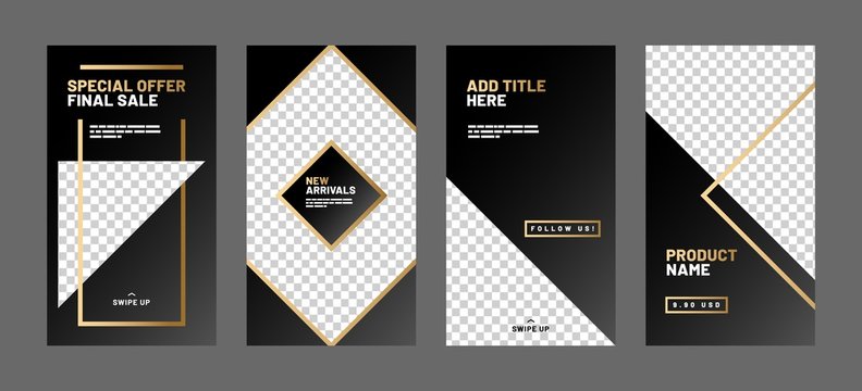 Editable post template set for banner sale, presentation, flyer, poster, invitation, stories, streaming. Screen backdrop for mobile app. Social media story mockup. Golden color.