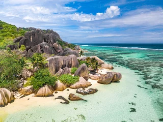 Deurstickers Anse Source D'Agent, La Digue eiland, Seychellen anse source d'argent beach by drone in seychelles