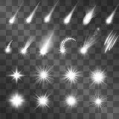 Vector silver sparkle light effect, meteorites, shooting stars. Decorative white illumination shining sources. Glistening set of flashes and highlights on transparent background for decorative purpose