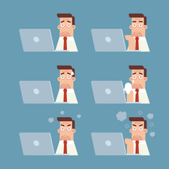 Set of businessman with wrinkle working on laptop computer expressing different emotions in flat cartoon style
