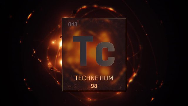 Technetium as Element 43 of the Periodic Table. Seamlessly looping 3D animation on blue illuminated atom design background with orbiting electrons. Design shows name, atomic weight and element number