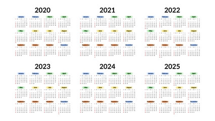 Calendar 2020 year design template. Vector stationery calender 2020, 2021, 2022, 2023, 2024, 2025 years week starts Sunday, yearly organizer minimal business illustration