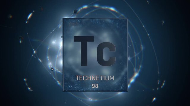 Technetium as Element 43 of the Periodic Table. Seamlessly looping 3D animation on blue illuminated atom design background with orbiting electrons. Design shows name, atomic weight and element number