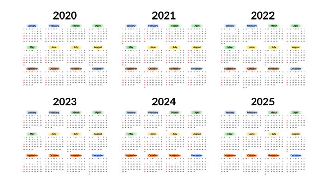 Calendar 2020 year design template. Vector stationery calender 2020, 2021, 2022, 2023, 2024, 2025 years week starts Sunday, yearly organizer minimal business illustration