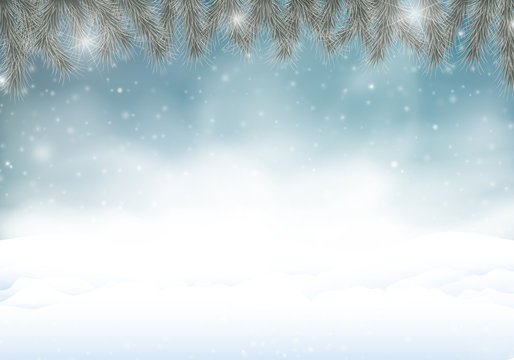 Snowstorm in the night. Winter background with snow banks in the snowfall. Snowy pine tree branch frame with sparkles.