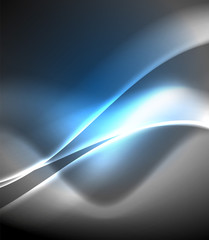 Dark space with shiny neon light motion waves. Abstract concept graphic element. Vector neon background. Technology background