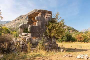 Ancient ruins of Lycian city of Sidyma with highly decorated inside burial sarcophagus in Mugla province, Turkey.
