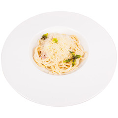 Pasta carbonara in white plate isolated.