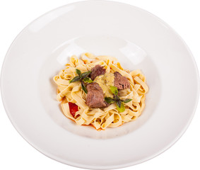 Roast beef steak pasta in white plate isolated.