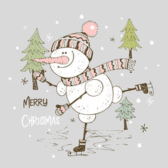 Cheery snowman ice skating. Christmas card. Vector