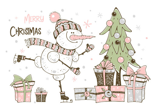 Christmas card with cute snowman Christmas tree and gifts. Vector