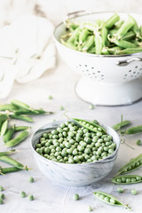 Green baby peas in pan on white background. copy space
