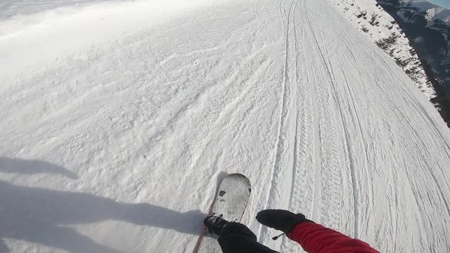 snowboarder slopes down hill. Action camera is on snowboarder's helmet .Chopok-Slovakia
