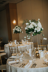 Wedding banquet tables with flowers decoration