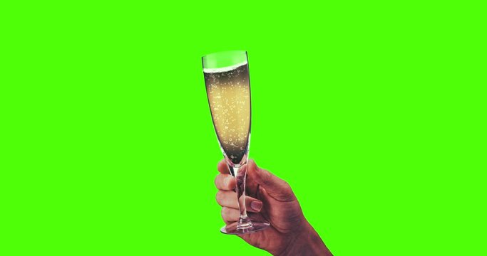 One hand clinking glass of fizzy champagne on green screen.The drink can be seen bubbling. Celebration and toasting for better times. Alcohol cheers concept. Use for greetings new year, party,wedding