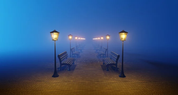 Night park blue fog alley bench lantern. Surrealistic cartoon minimalistic  scene lonely, empty. Cinematic light glowing smoke. 3D rendering Stock  Photo | Adobe Stock