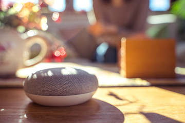Obraz na płótnie Canvas voice controlled smart speaker with a woman woman in the background in a interior home environment. Smart AI speaker concept 