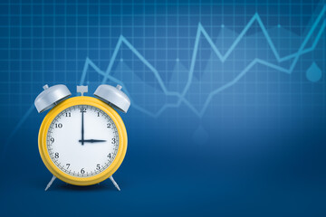 3d close-up rendering of yellow retro alarm clock standing on blue background with line graphs and some copy space.