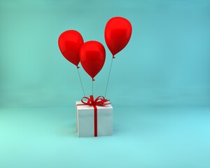 3D rendering 3D illustration gift box white with red ribbon and red balloon isolated on pastel background 