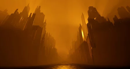 Fotobehang Bruin Sci Fi stad verlaten landschap. Donker straathuis gele mist rook vuur. Abstracte conceptenachtergrond. 3D-rendering  © photolas