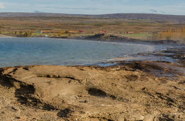Iceland, geyser valley Geyser Strokkur. Great tourist attraction on Golgen Circle Iceland.