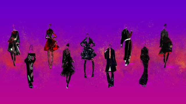 ANIMATED ILLUSTRATION OF FASHION MODELS POSING ON STAGE, SHOWCASING DESIGNER COLLECTION OF DRESSES, PANTS, SKIRTS AND SUITS WITH ABSTRACT PRINTS IN RED, PURPLE, LILAC, ORANGE, RASPBERRY SHADES.