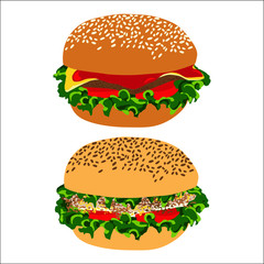 Illustration vectorielle d’un hamburger à la viande et d’un hamburger végétarien.